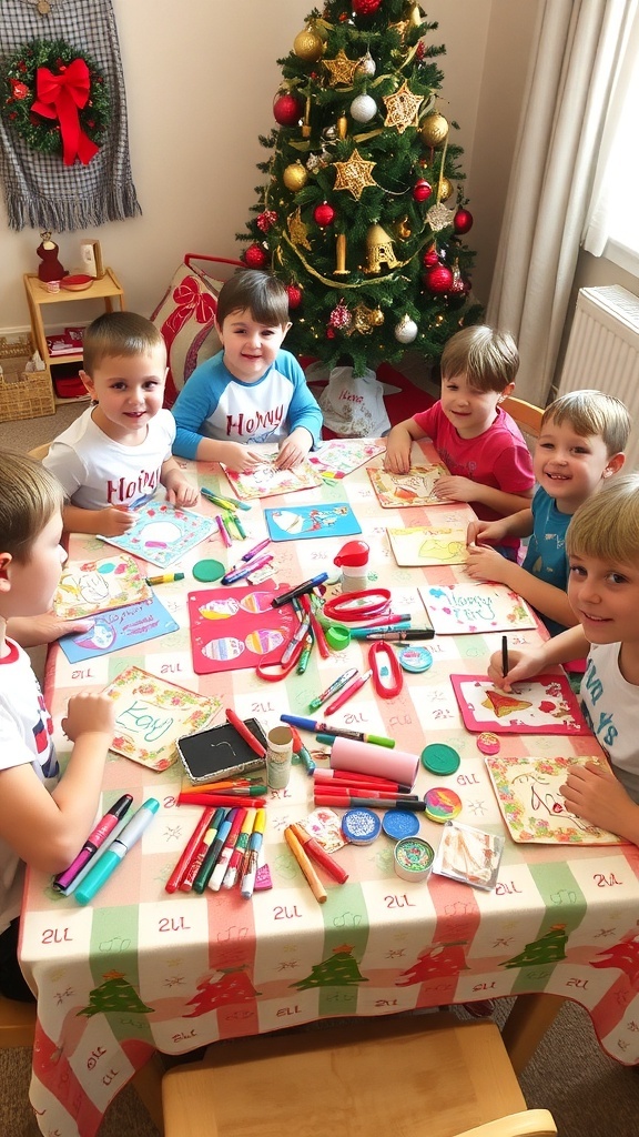 Children crafting colorful Christmas cards at a table with festive supplies.